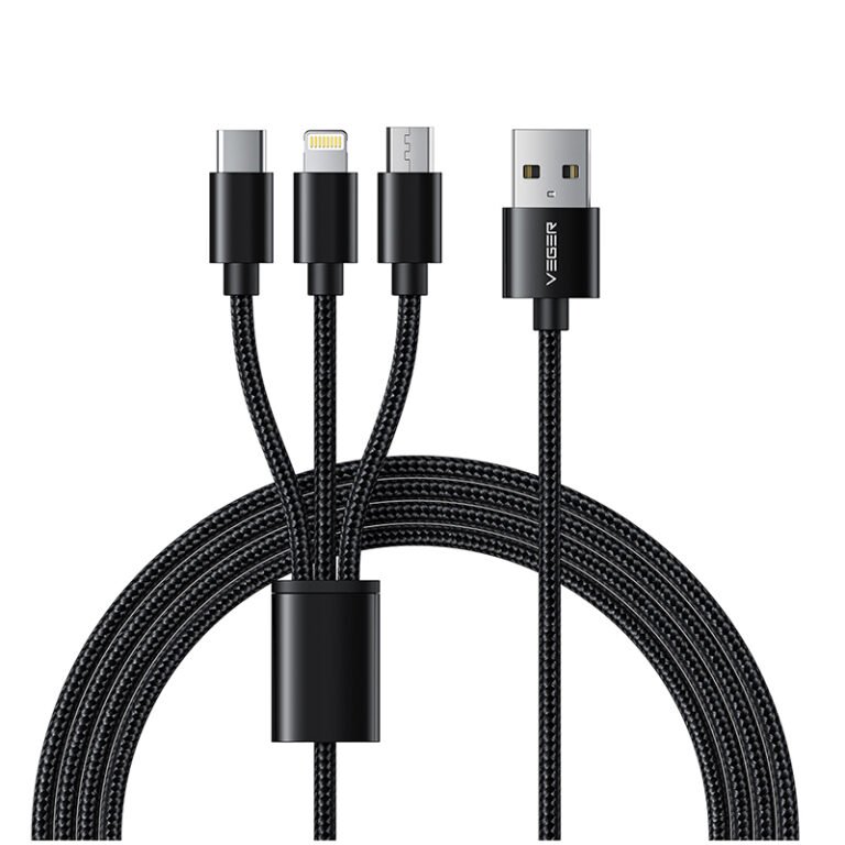 Veger V303 Braided USB to Lightning / Type-C / micro USB Cable 2.4A Μαύρο 1.5m