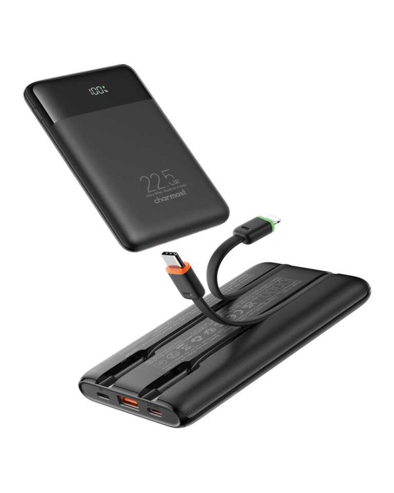 Charmast W1205 Power Bank 10000mAh PD22.5W Built-in 2 Cable LED Display Screen - Black