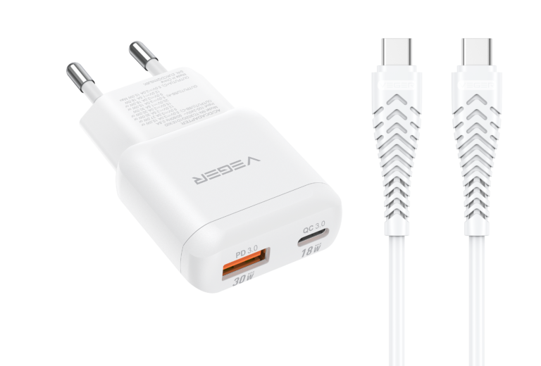 VEGER TR120-1A1C 30W Ultra Slim GaN Dual Port Fast Charger with Type-C to Type-C PD60W Cable (1200mm) - PD 3.0 & QC 3.0 PPS SuperCHARGE Flat Wall Adapter for iPhone