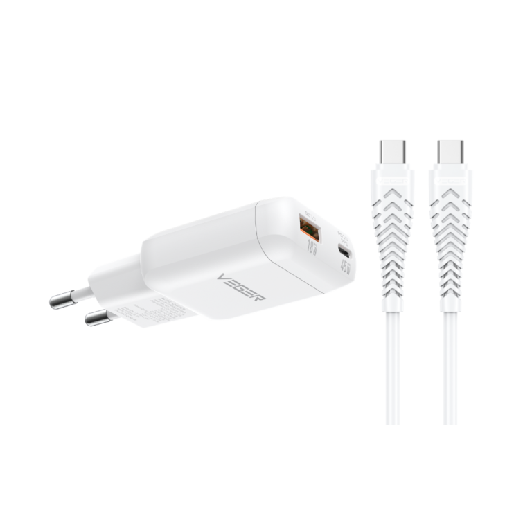 VEGER TR121 45W Ultra Slim GaN Laptop Charger - Dual Port USB-C PD 3.0 & USB-A QC 3.0
